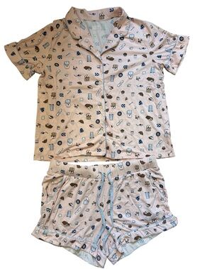 Lands' End Coffee-themed Pink Short Sleeve Button-down Pajama Set Women’s Medium